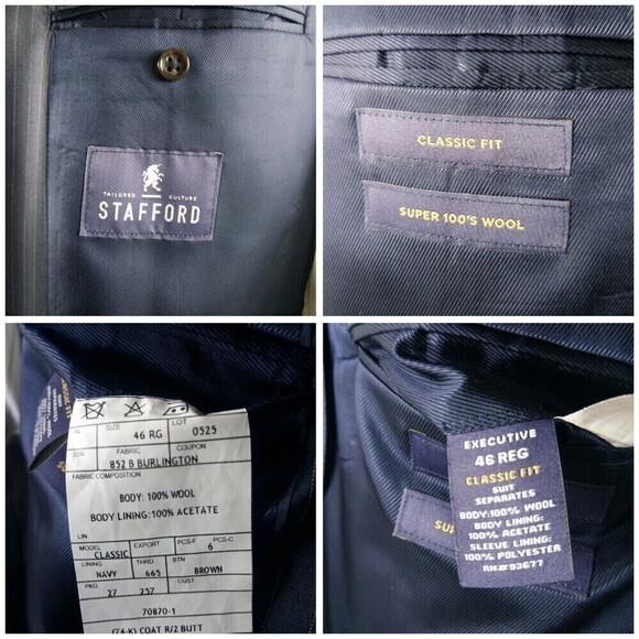 Stafford Tailored Culture Classic Fit 46R Wool 2 Buttn Blue Striped Suit Blazer - Picture 10 of 12